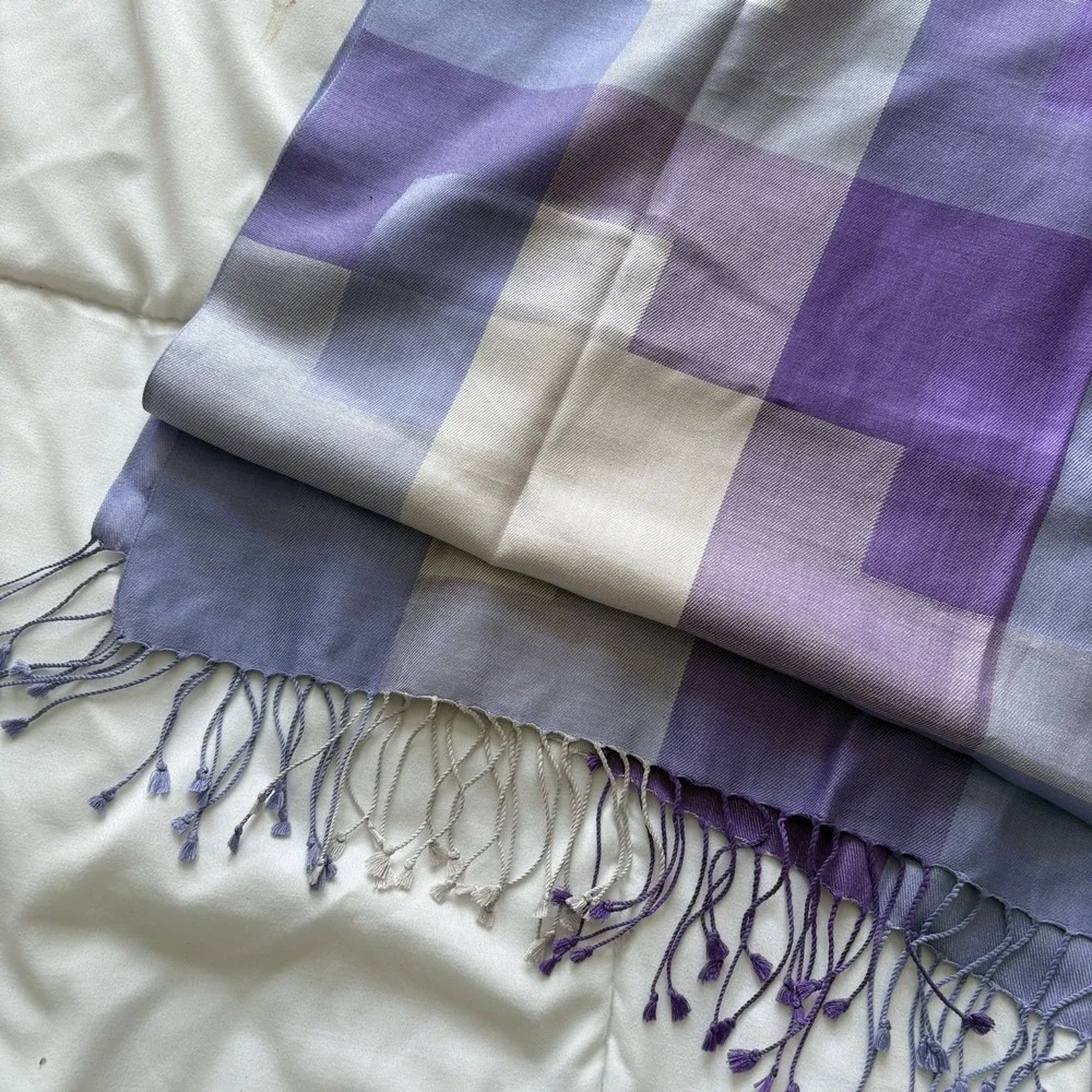 Vintage Purple Plaid 100% Silk Rectangle Scarf 22.5x75 Quiet Luxury Whimsy Fairy